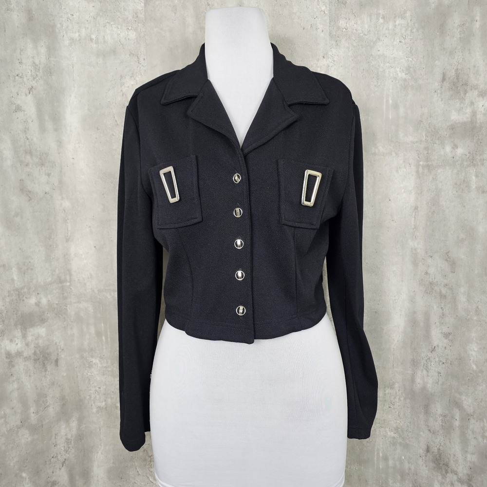 Vintage 90s Cache Womens 14 Black Knit Nylon‎ Cropped Jacket Button Front L/S